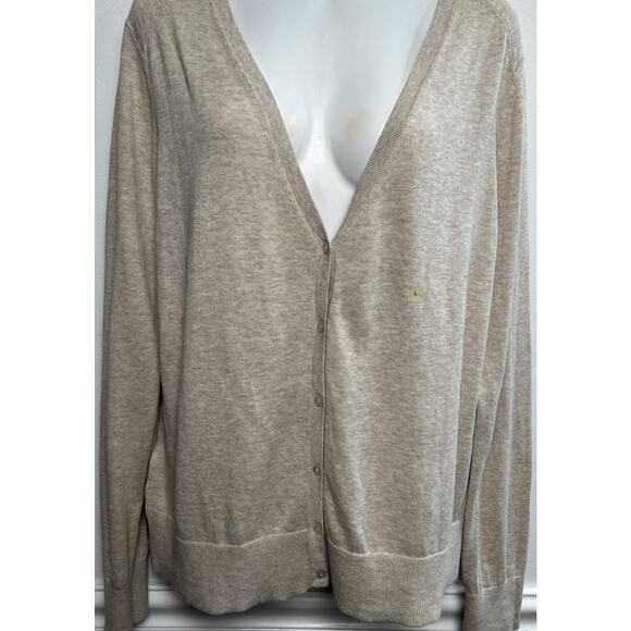 New Loft Women's L Beige L/S Button-Up Modern V-Neck Cardigan Sweater Cotton - Picture 1 of 6